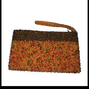 Hand Beaded Red & Gold Beaded Clutch Purse Evening Bag Boho Handmade Wristlet